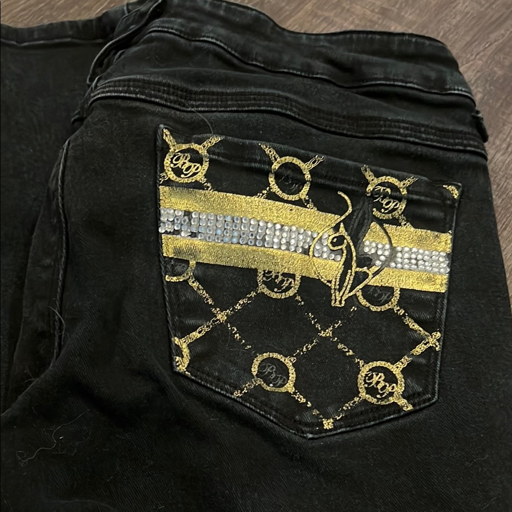 Y2K Black Embellished Jeans with Gold and Silver Accents